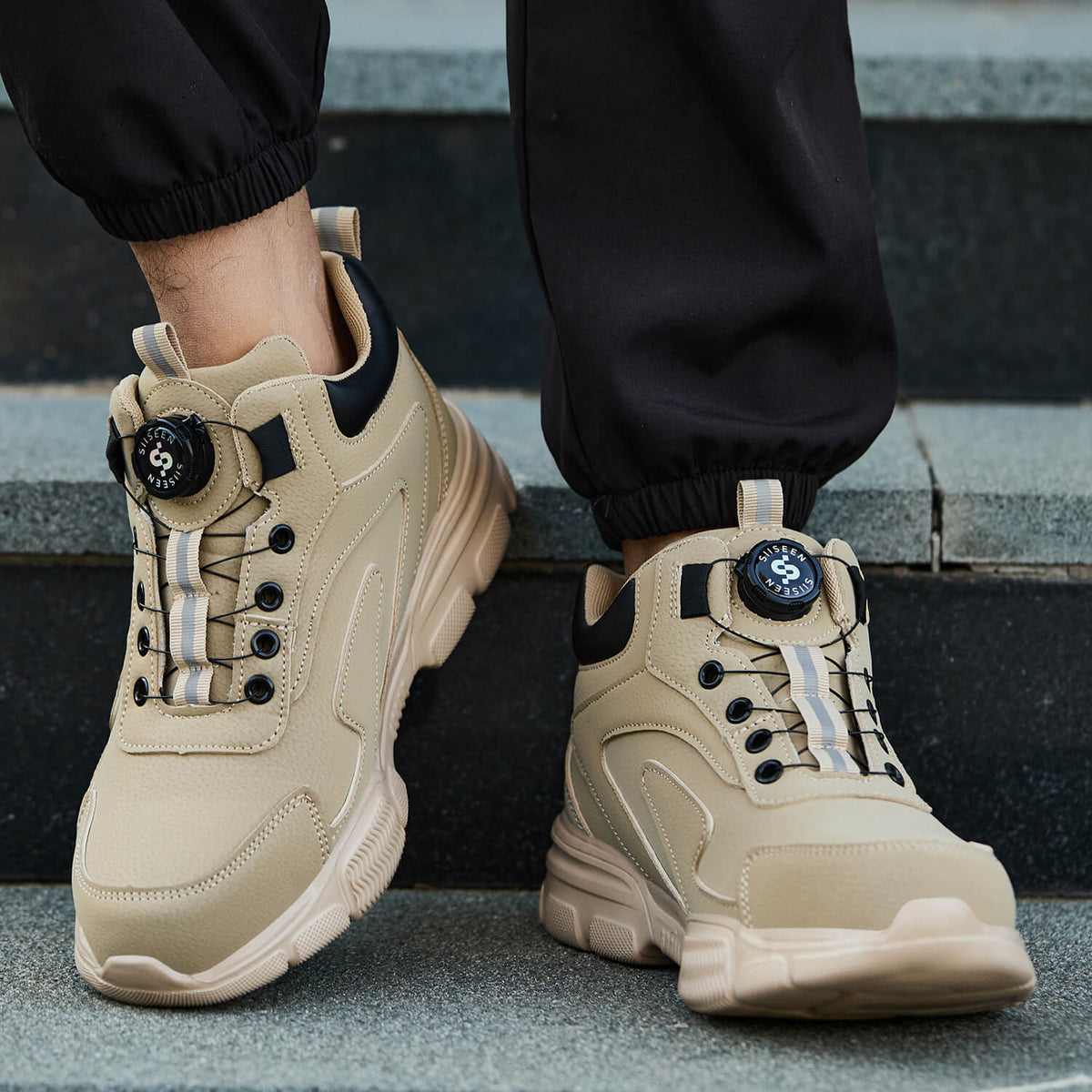 WESTMARE Men's Steel Toe Dial-Lacing Work Boots - Beige