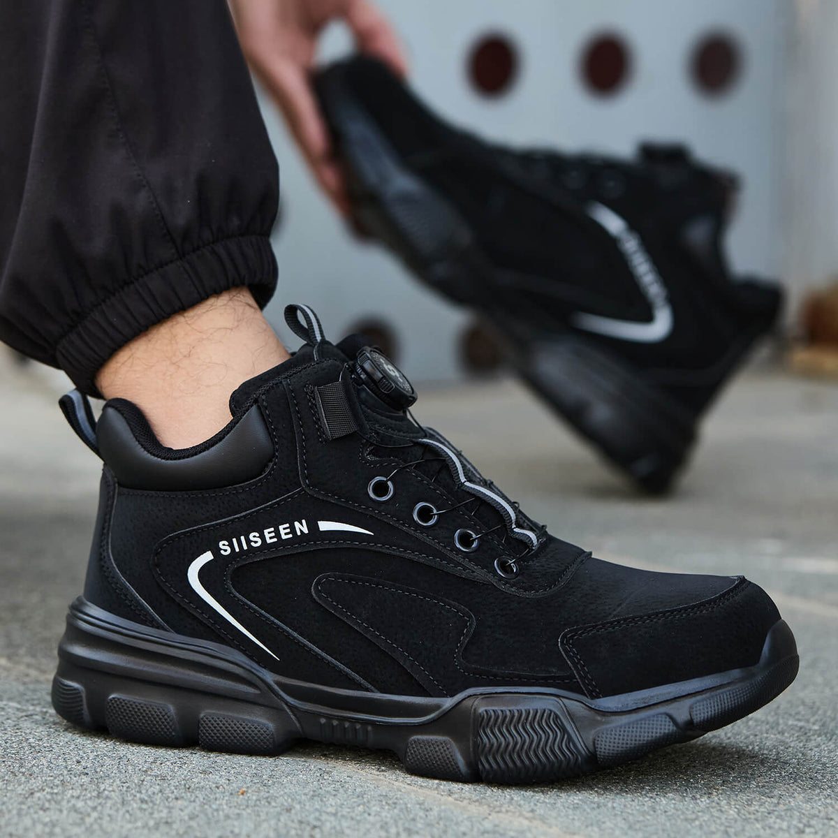 WESTMARE Men's Steel Toe Dial-Lacing Work Boots - Black